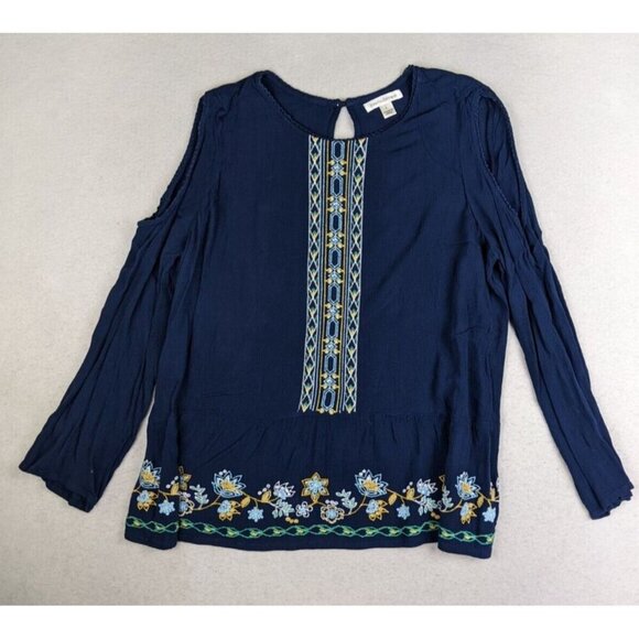 John Paul Richard Women's Top Size Large Blue Embroidered Peasant Boho Cut-Outs - Picture 2 of 14